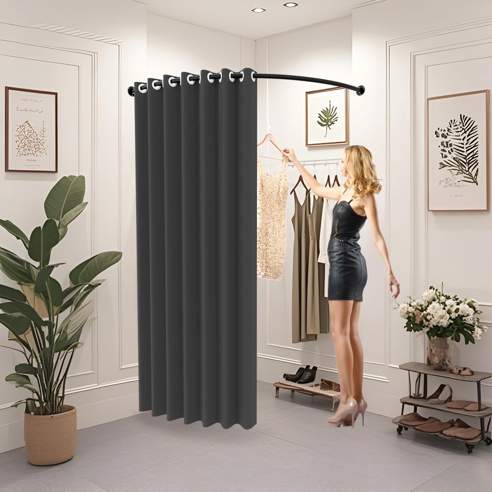 WPYGHLJN Fitting Room Corner Changing, Clothing Store Dressing Room Corner Wall-Mount C-Shaped Rail for Shopping Mall and Office Privacy Protection, Black