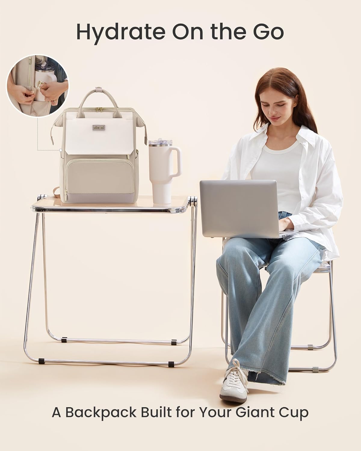 LOVEVOOK Laptop Backpack for Women with Giant Tumbler Holder Pocket, 15.6 inch Travel Work Backpack Purse for Nurse Teacher, Waterproof School Bag College Bookbag Cute Casual Daypack for Girls Khaki - Image 6