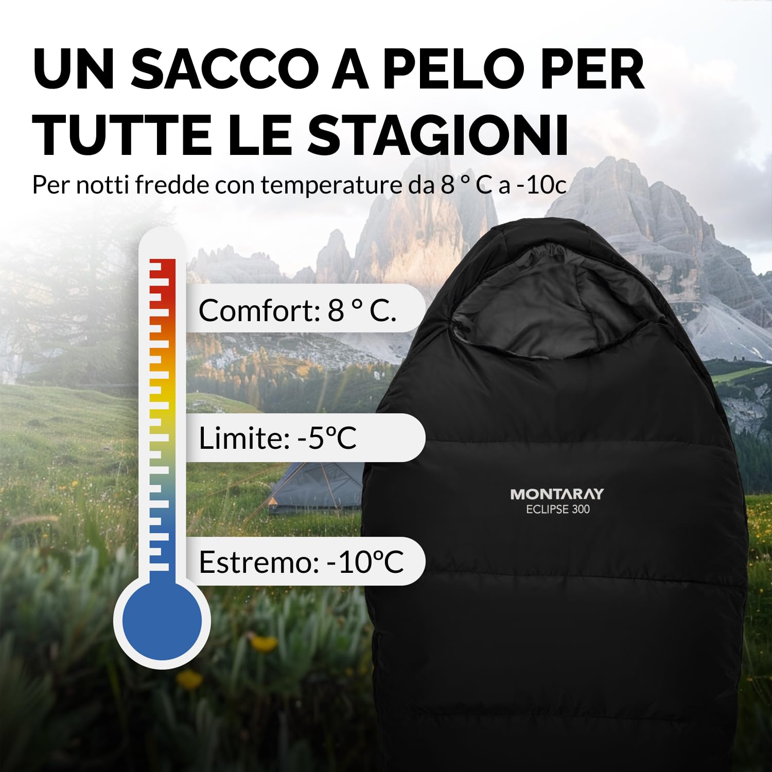 Sacco a pelo 3 – 4 stagioni [8 °C fino a -5 °C], sacco a pelo a mummia per attività all'aperto, campeggio [300 GSM] Sleeping Bag morbido e caldo, sacco a pelo dall'estate all'inverno, sacco a