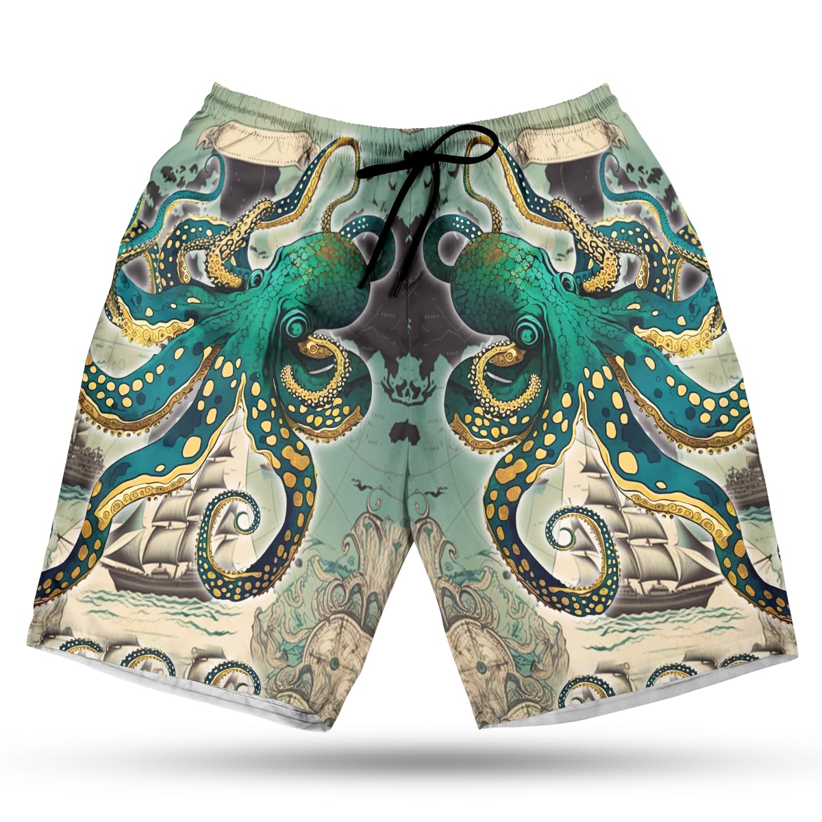Men's Octopus Swim Trunks - Vintage Map Quick-Dry Hawaiian Swim Shorts for Men Series 08 Size Size 3XL