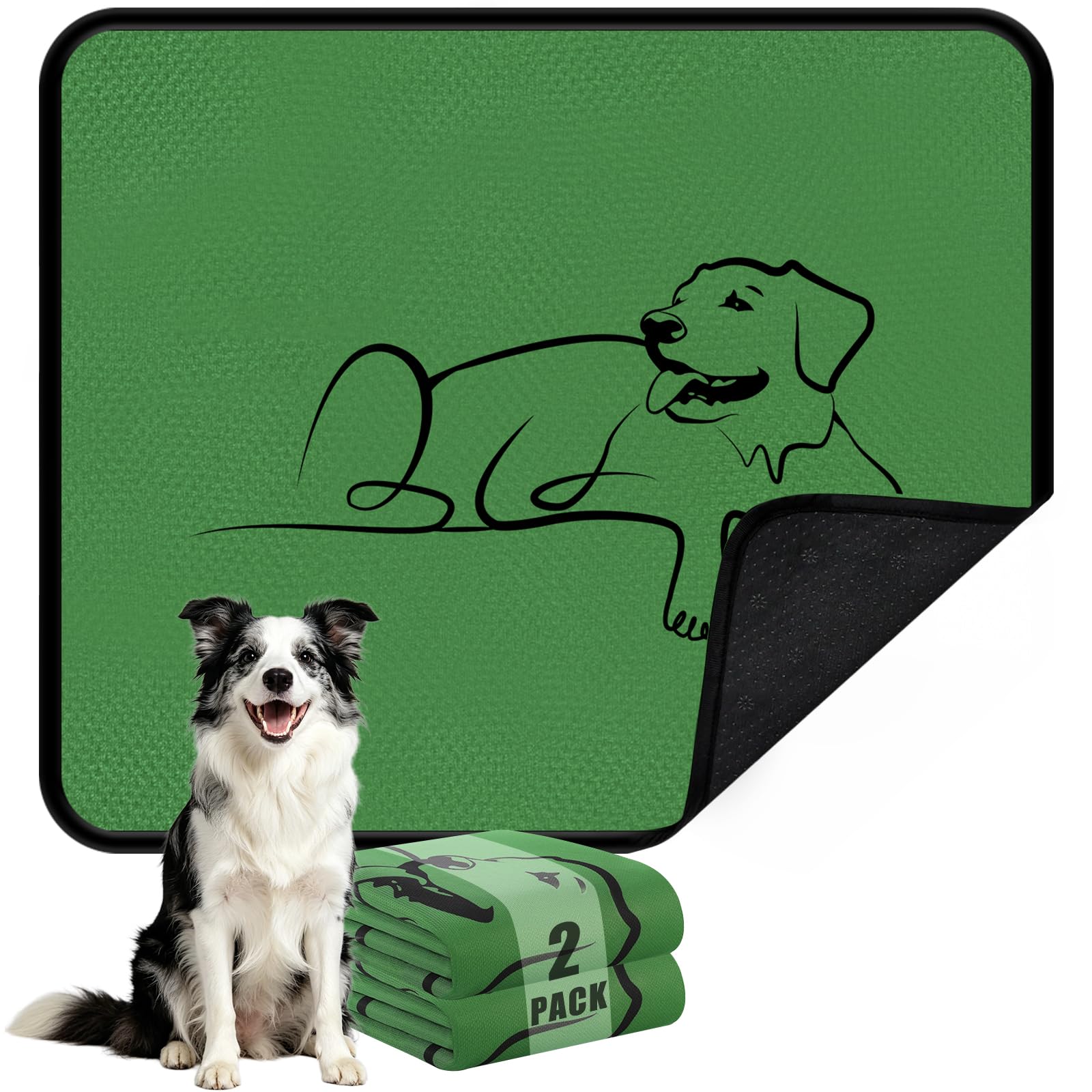 Washable Pee Pads for Dogs, Reusable Puppy Training pads Super Absorbent Non-Slip Leak-Proof Pet Mat for Home Car Travel Floor Crate Sofa Bed Protector (2 Pack 91x114cm Green)