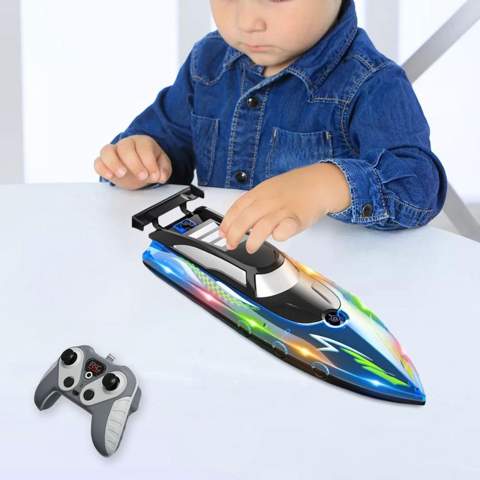 Lancha Teledirigida para Juegos Acuáticos, Embarcación Radiocontrolada para Niños, Modelo de Barco Rápido E Impermeable con Iluminación Integrada, Azul