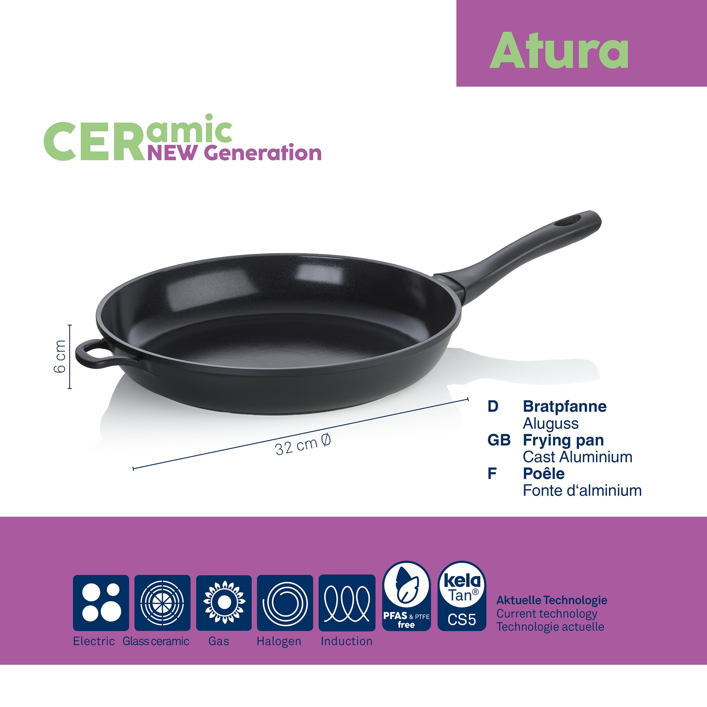 kela Bratpfanne 32 cm ATURA, Pfanne Induktion, Aluguss keramisch beschichtet, Bakelit-Griff, PFAS frei