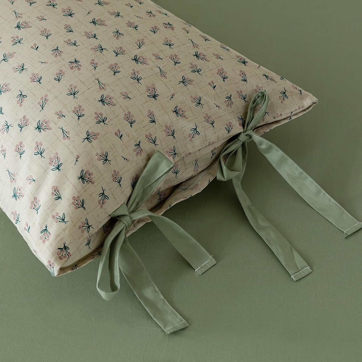 VM VOUGEMARKET Duvet Cover Set Twin 100% Cotton 3 Pcs Girls Green Floral Comforter Cover with Zipper Closure,Cottagecore Style Duvet Cover + 2 Pillowcases with Bowknot-68x86 Inch