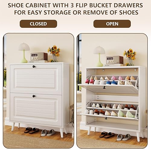 Miniatura 6 de Zapatero de 31.5 pulgadas de ancho, zapatero de madera oculto con 2 cajones abatibles, gabinete de almacenamiento de zapatos estrecho independiente