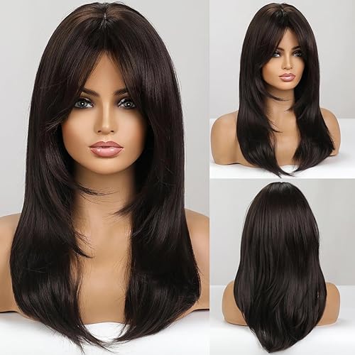 Peluca de color negro y marrón con flequillo, pelucas rectas de longitud media natural para mujer, pelucas sintéticas de fibra resistente al calor,