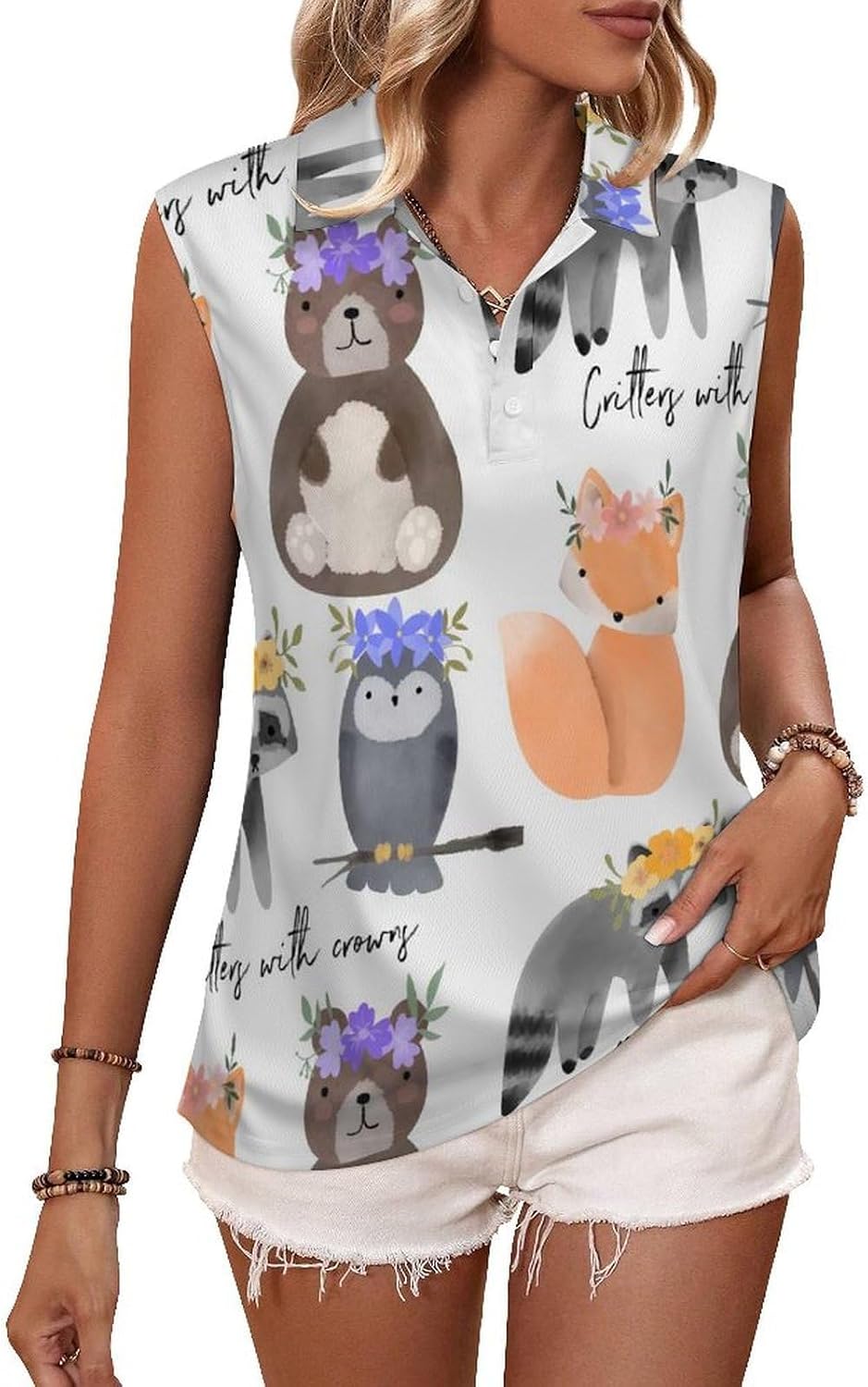 Fox Bear Animals Clipart Women's Golf Shirt Sleeveless Polo Shirts Tank Tops Blouses Tennis T-Shirts Casual