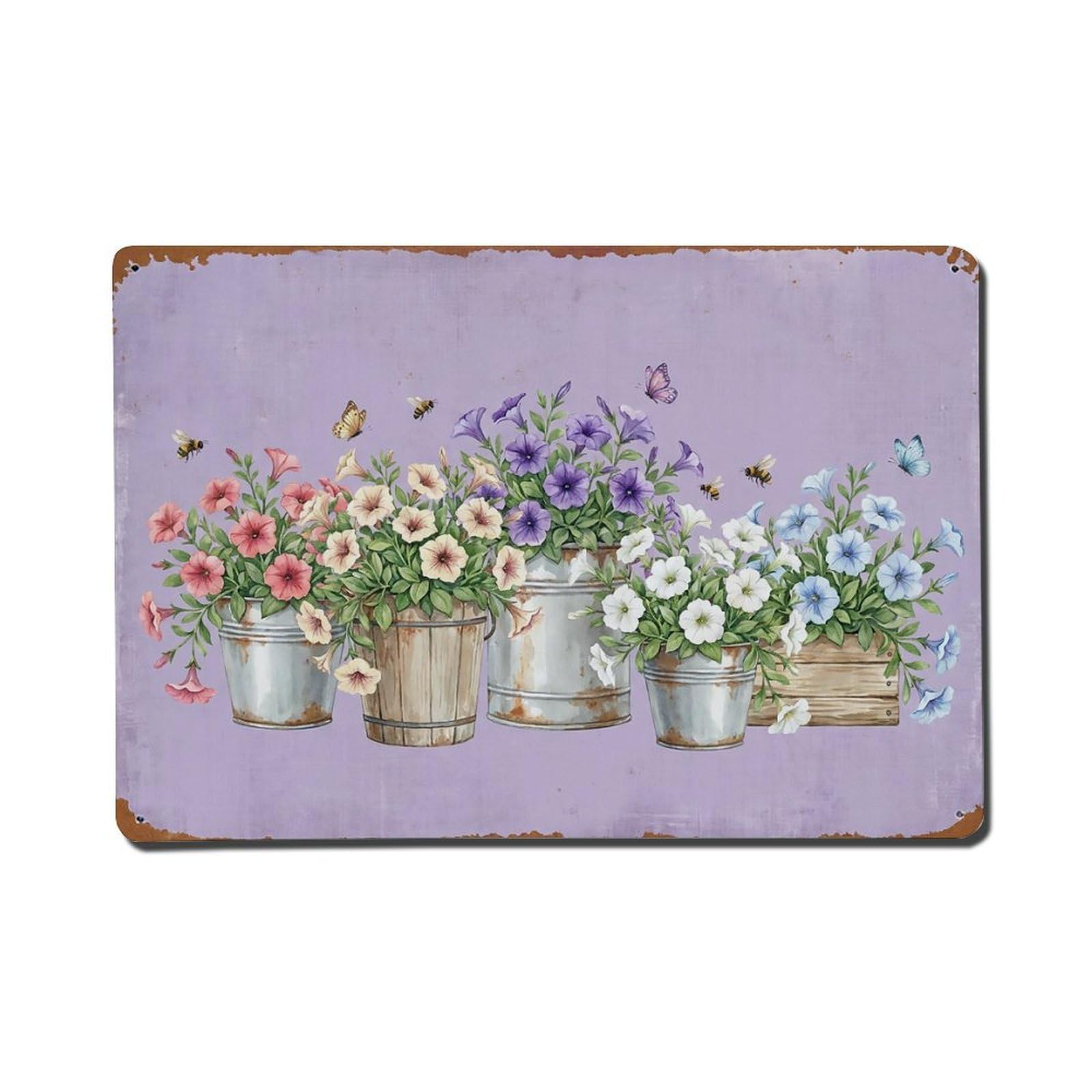 Vintage Rustic Flower Potted Plants Petunia Metal Tin Sign