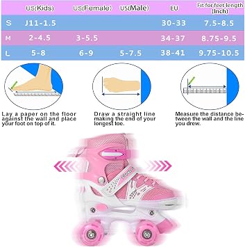 Adjustable Roller Skates for Girls & Kids, 4 Sizes, All Wheels Light Up, Beginner-Friendly, Pink