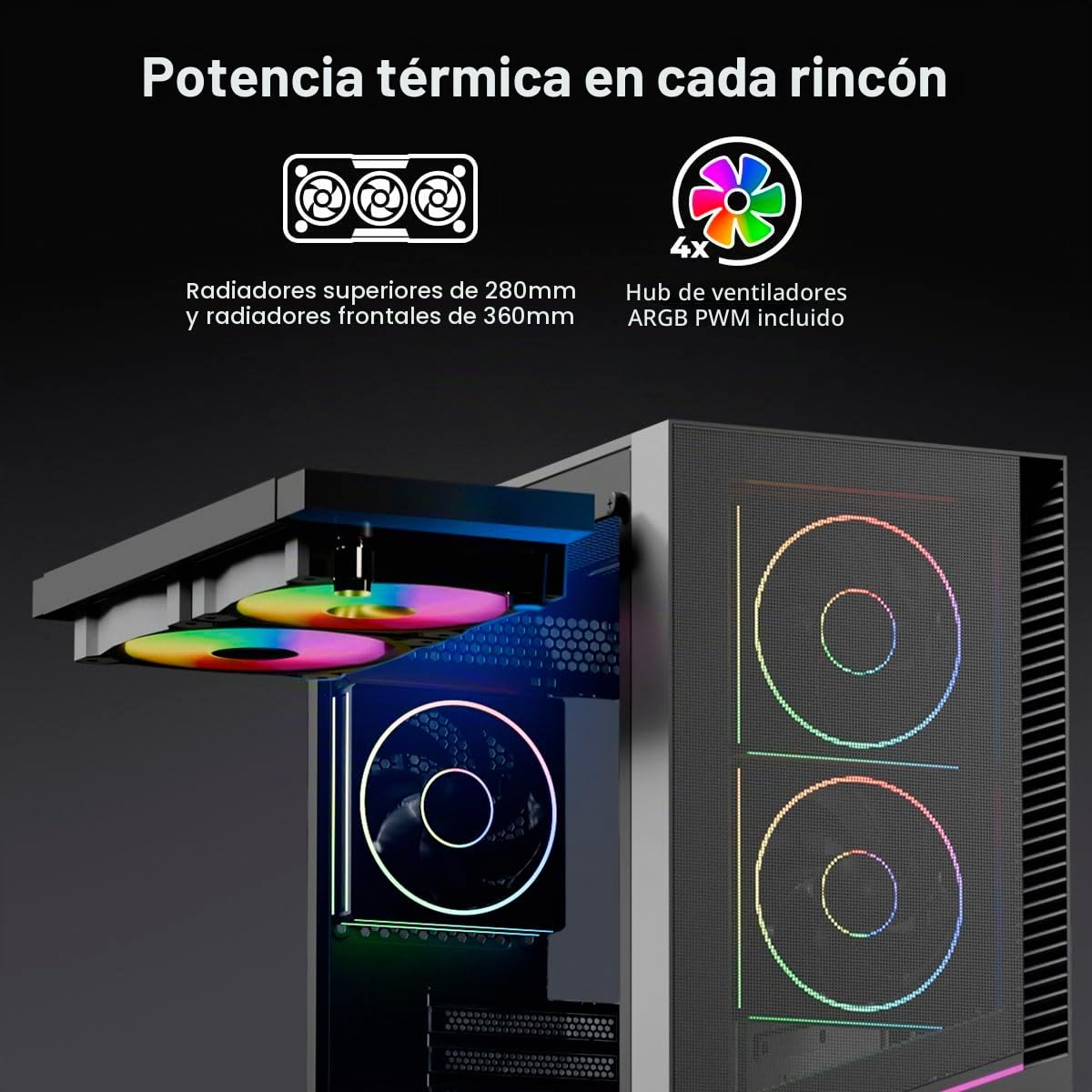 YEYIAN Chasis PC Caja Gamer Elara Mid-Tower, Compatible con ATX/M-ATX/ITX, Panel de Cristal Templado, 4 Ventiladores Incluidos RGB (3 Frontal y 1 Trasero), Color Negro