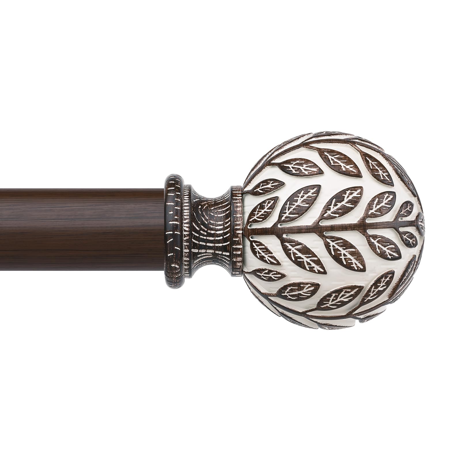 Wolistsa Walnut Wood Curtain Rod 36-122 Inch, Boho Decorative 1 Inch Rustic Curtain Rod for Farmhouse Window, Adjustable Heavy Duty Long Vintage Window Treatment Rods, Imitation Wood Grain Leaf Finial