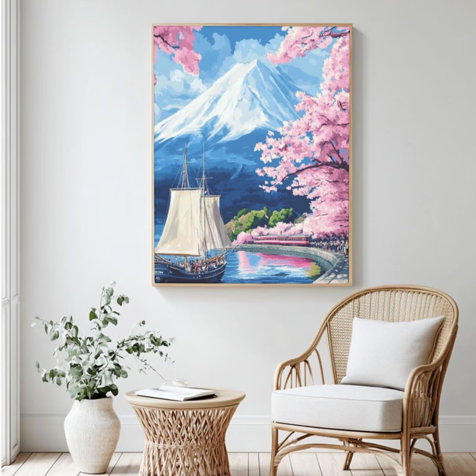 Malen nach Zahlen, Malen-nach-Zahlen-Set für Erwachsene, Motiv: Boot, Kirschblüte, Malen nach Zahlen für Anfänger, Acryl-Peinture a Numero, DIY-Ölgemälde, Kunsthandwerk Kits für Wanddekoration – (60 x