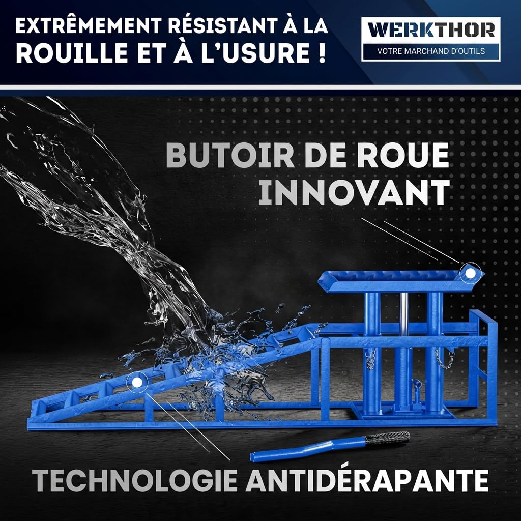 WERKTHOR Rampe de Levage Voiture Hydraulique [Blau Lot de 2] – Rampes Voiture avec Soupape de Sécurité Jusqu’à 3T – Rampe Voiture Réglable en Hauteur – Pont Élévateur Voiture Compact