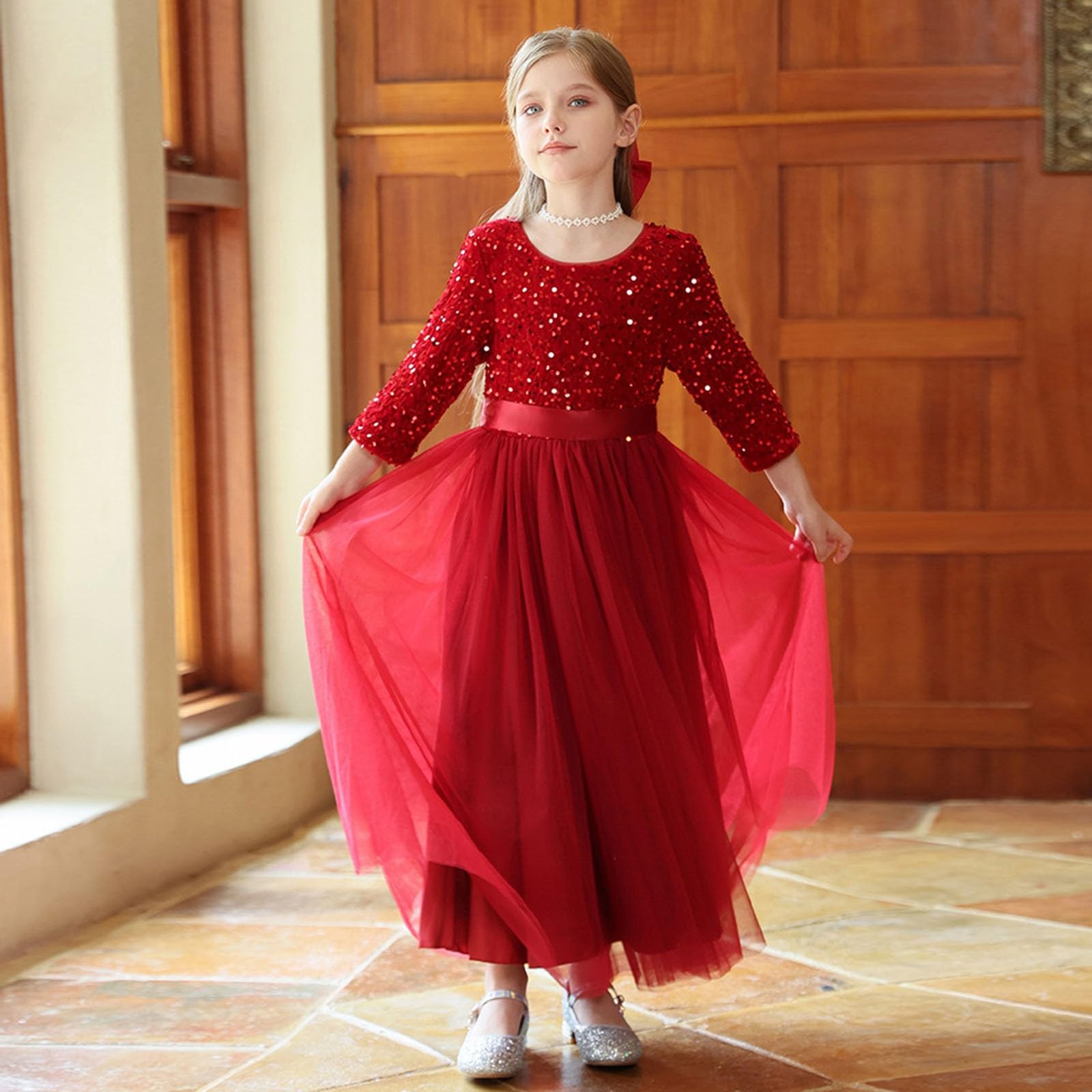 Kleid Mädchen Kleider Festlich Sommer Kleid Mädchen Kinderkleider Oktoberfest Karneval Elegantes Paillettenkleid mit Langarm Überwurf für Glanzvolles Kleiderdesign für Alltag Freizeit Festlichkeiten