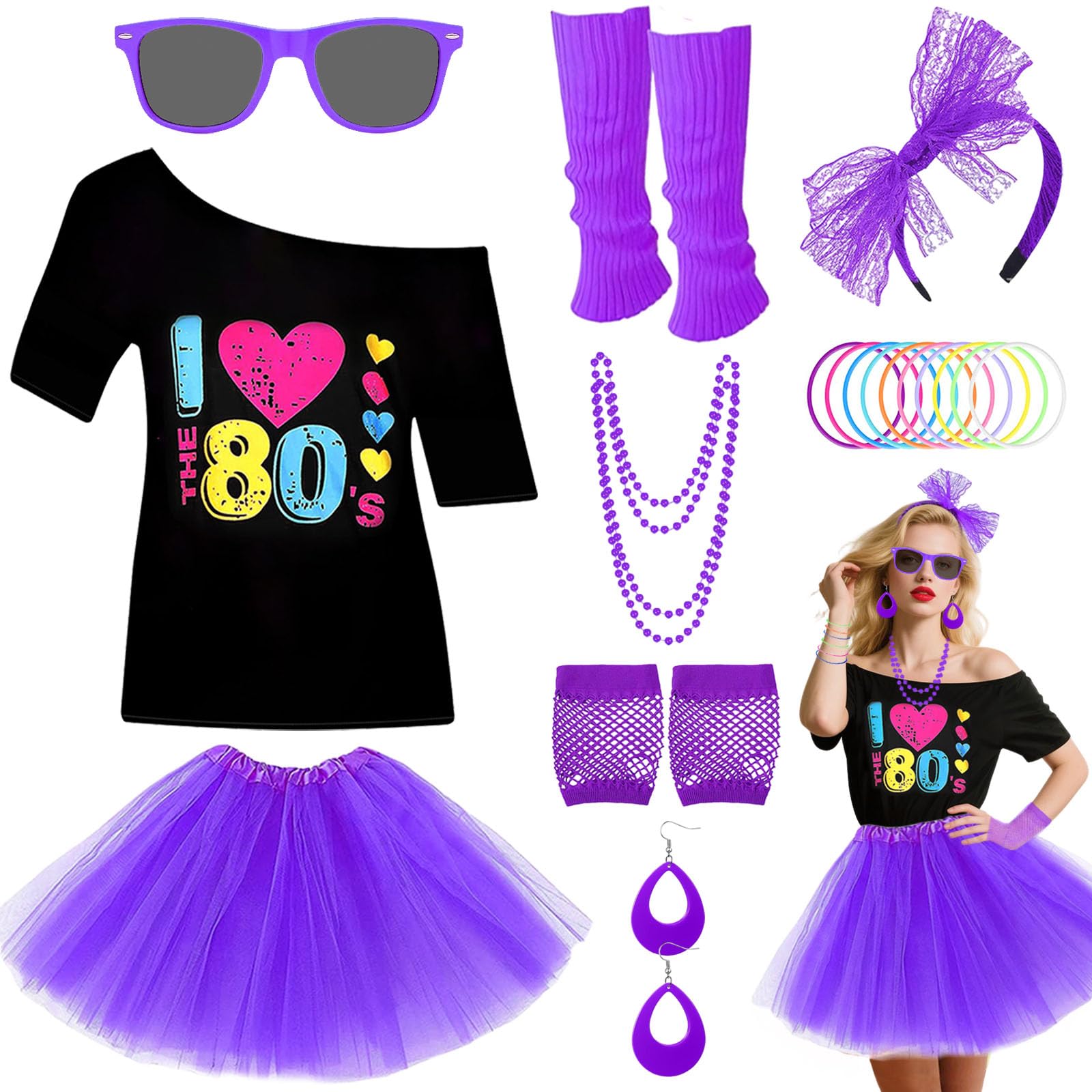 80s Costume Accessories Set for Women, 1980s Neon Party Kit with T-shirt Tutu Skirt Headband Earring Necklace Glasses Bracelet Fishnet Gloves Leg Warmers for 80s Retro Party Dress up (Purple, L)