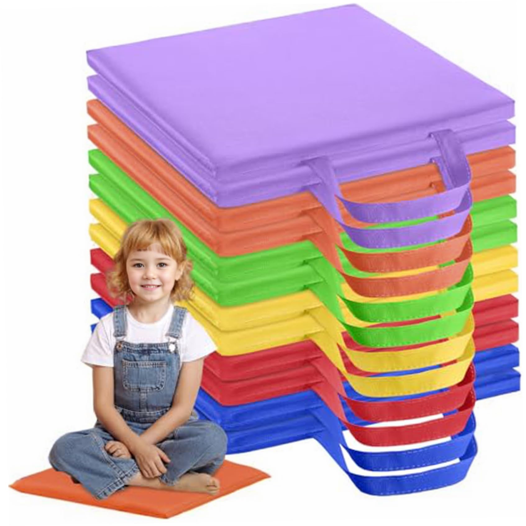 Bodenkissen für Klassenzimmer, 12pcs 12 Zoll wasserdichte Flexible Sitzgelegenheiten mit Griff, 6 Farben Rechteckiger Bodensitz, Kissen für Kinder, Kindertagesstätte, Vorschule, für