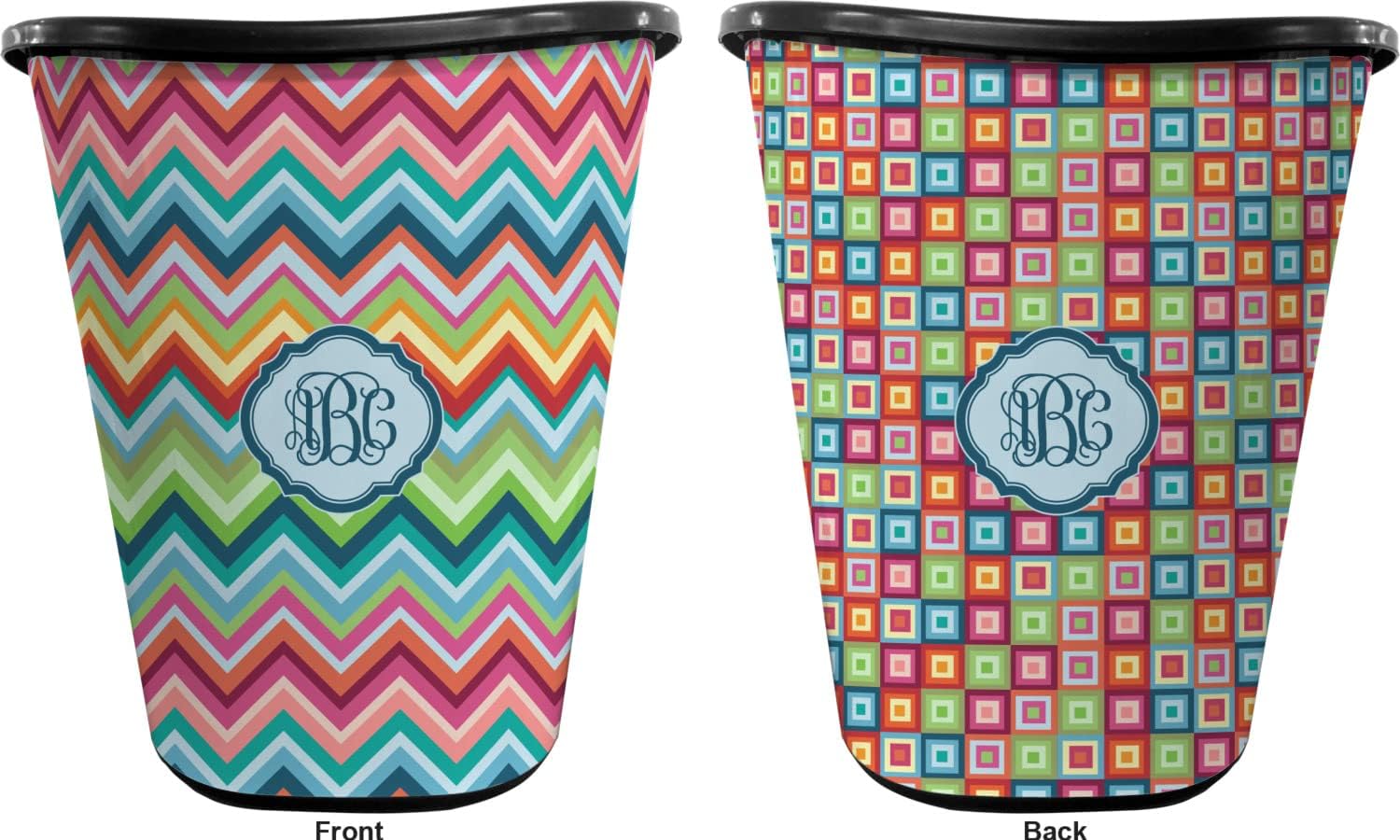 Personalized Retro Chevron Monogram Waste Basket - Double Sided (Black)