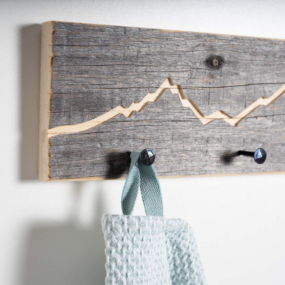 WOODS Sleutelrek oud hout met bergcontour | cadeau bergliefhebbers | meerdere uitvoeringen om uit te kiezen | sleutelkast sleutellijst wanddecoratie deco bergen | contour 30 cm
