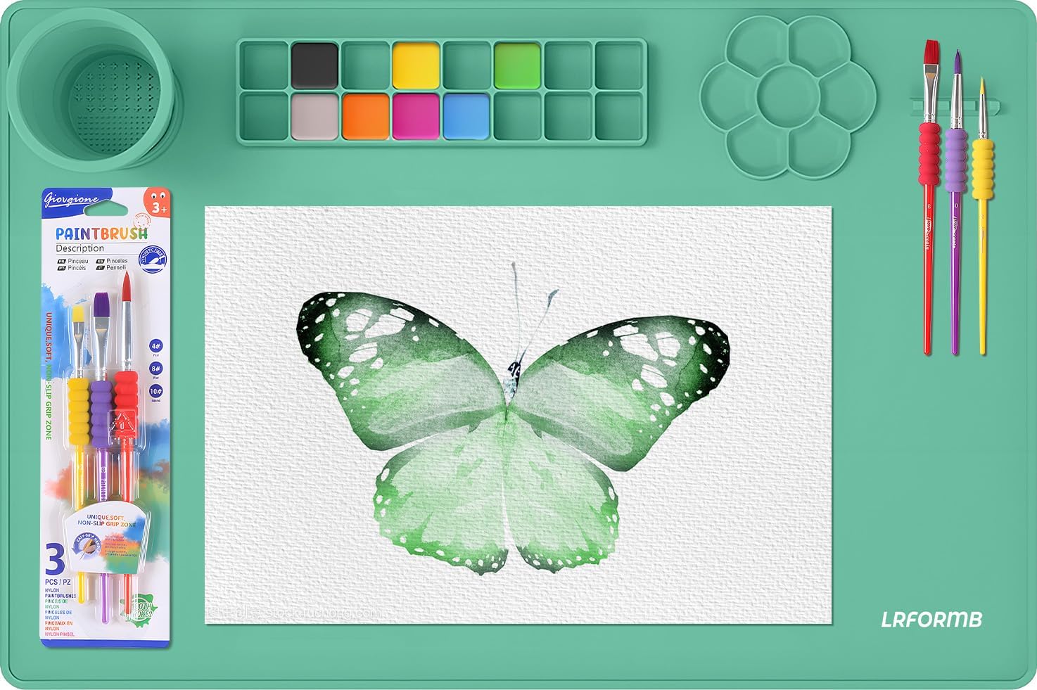Silicone Craft Mat, Paint Pad with Detachable Cleaning Cup, Paint Mats with 3 Painting Brushes, 23.6 x 15.8in Nonslip Art Mat, Painting Station Reusable Art Supplies for Kids(Green)