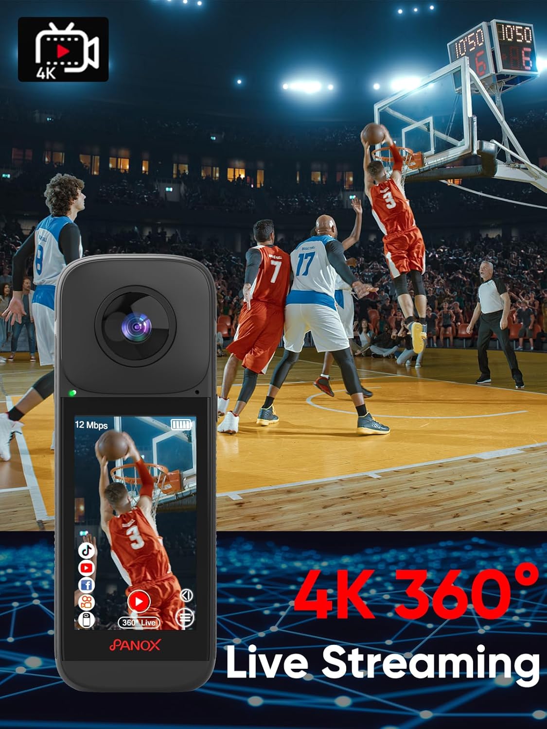 PANOX V2 360 Action Camera-128 GB Vlog Kit with Selfie Stick- 8K 10FPS HDR Video, 1/2"" 48MP Sensors, 72MP 360° Photo, 3"" Touchscreen, AI Editing, 4K Live Stream, Android 10 OS, Black