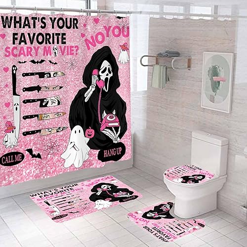 Miniatura 26 de Juego de 4 cortinas de ducha de Halloween con alfombras, divertida cortina de ducha fantasma, cortina de ducha rosa de tela impermeable, cara Rosa