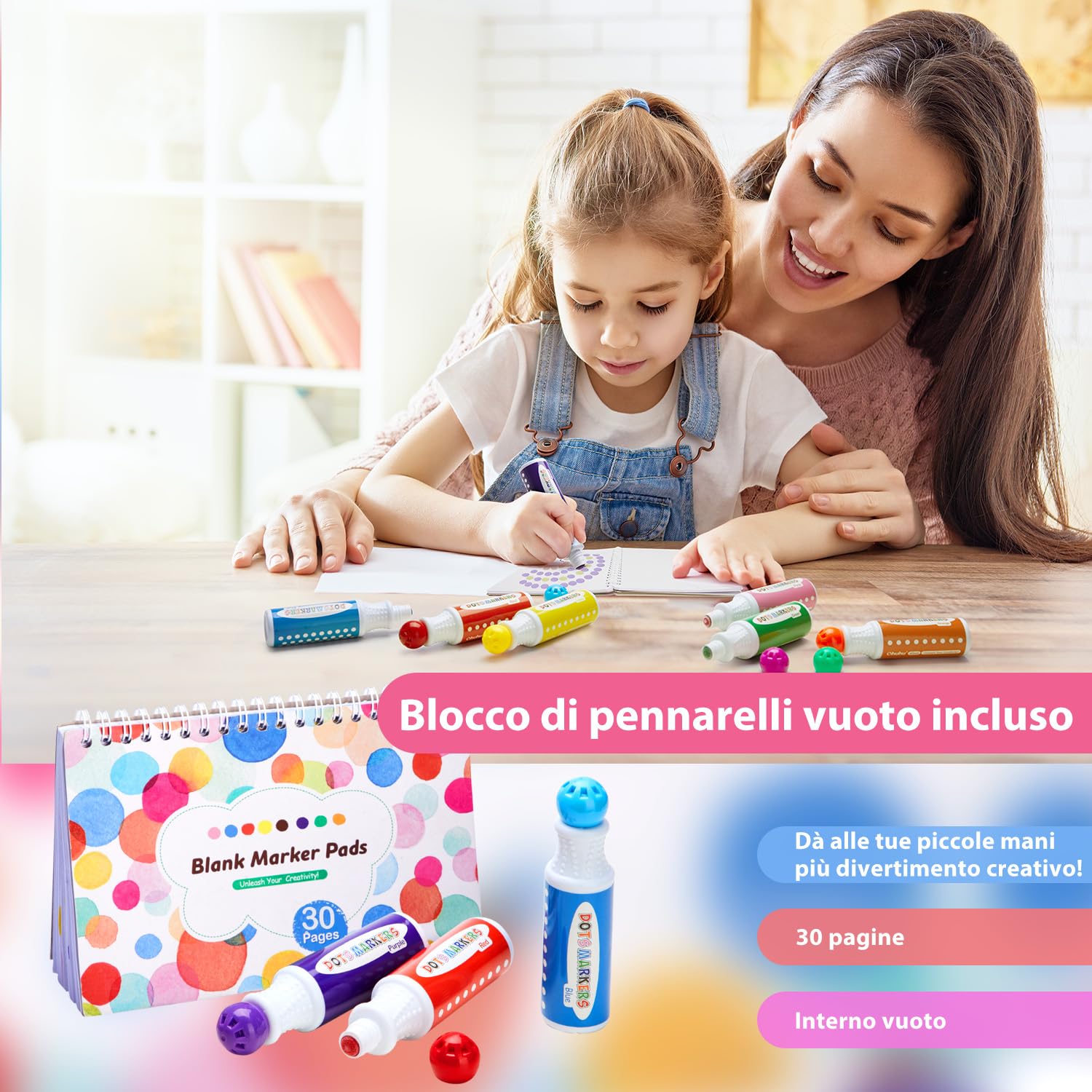 Ohuhu Pennarelli per bambini 12 colori super lavabili (40 ml) con libro di attività in bianco di 30 pagine - Penne Bingo a punta tonda di sicurezza non tossica per la scuola dell'infanzia