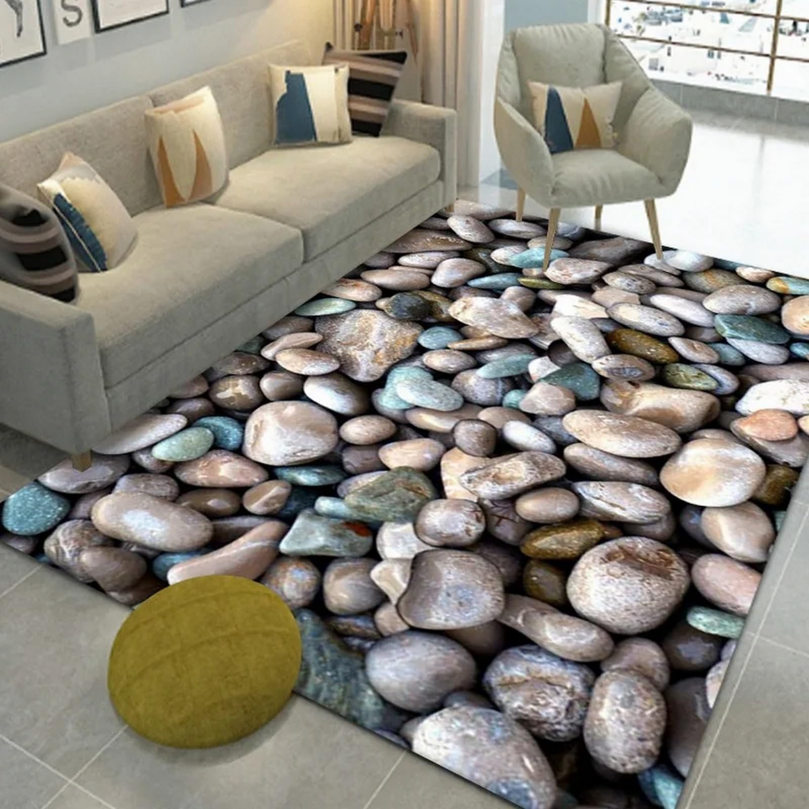 Tapis de salon cailloux coeur 3D 120x160 cm en polyester doux antidérapant pour chambre moderne