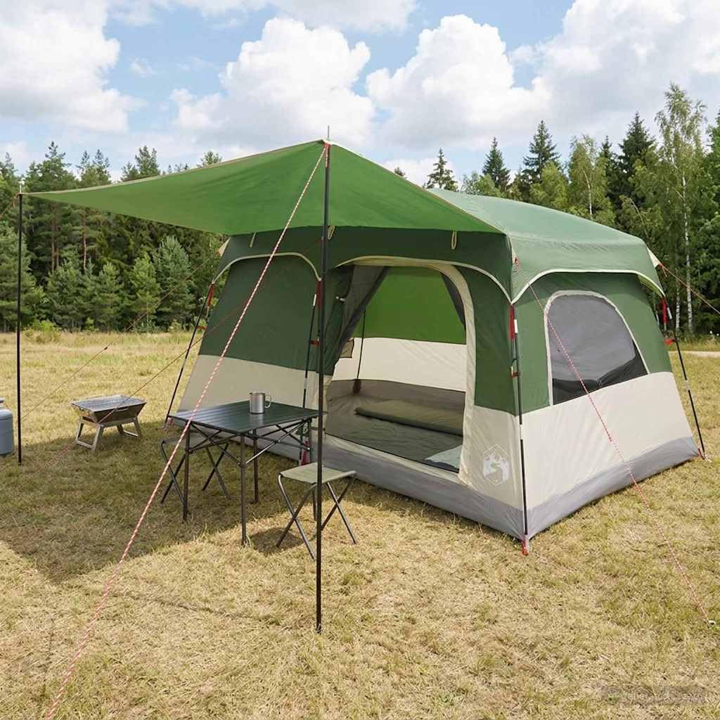 Namiot rodzinny z dachem, zielony, 380 x 260 x 190 cm, poliester, dla maksymalnie 8 osób, z moskitierą, na plażę, kemping, urlop letni i przygody na świeżym powietrzu