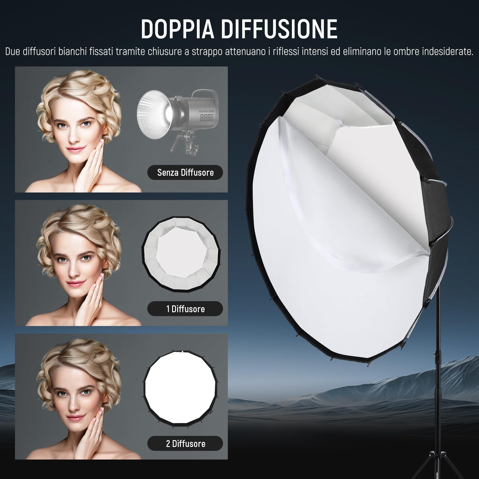 NEEWER Kit Softbox Parabolico, 120cm Soft Box ad Attacco Bowens con Diffusori Luce per Fotografia Studio Registrazione Video Streaming, Compatibile con Aputure 120d Compatibile con Godox SL60w, NS73P