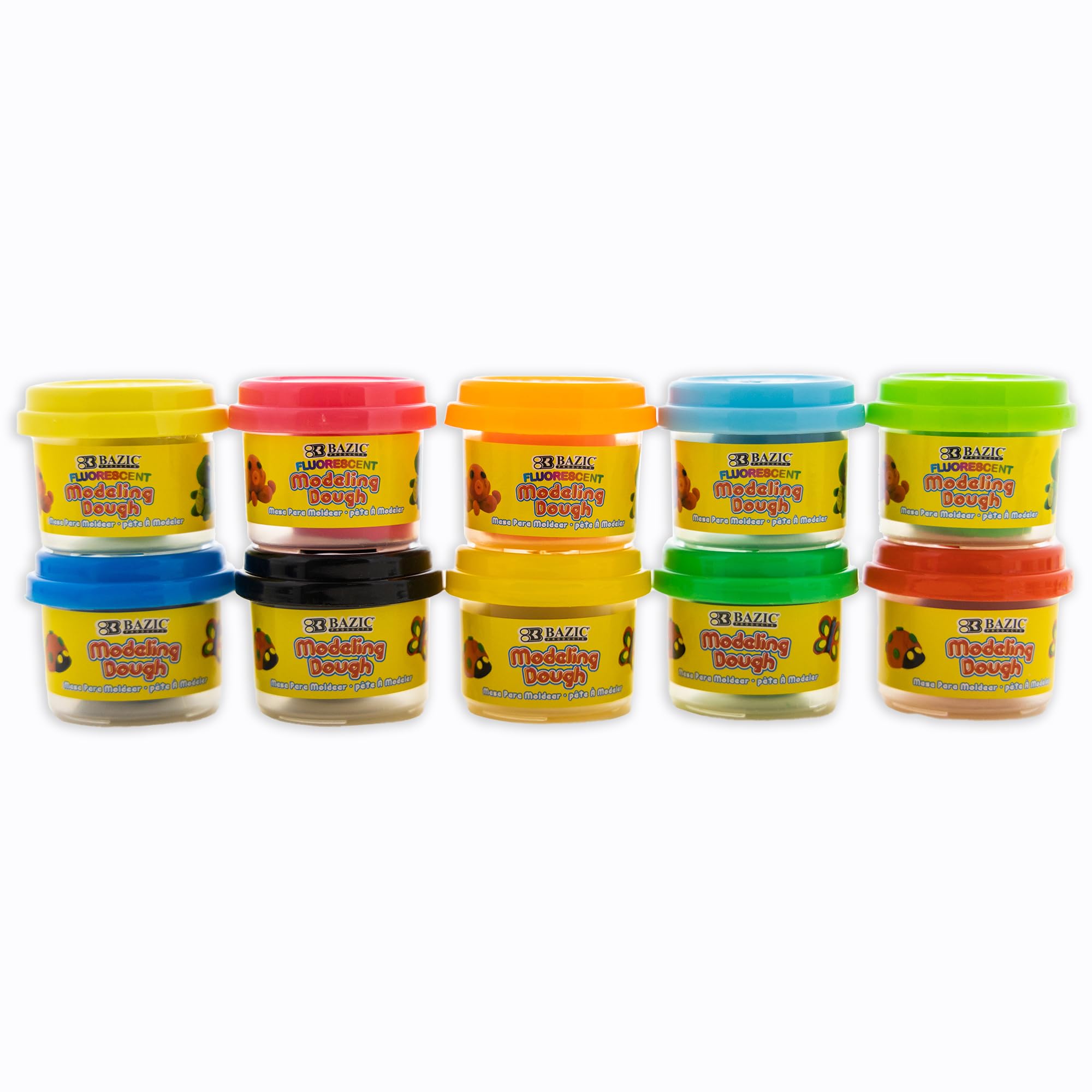BAZIC Products Modeling Dough 1 Oz, 5 Primary & 5 Fluorescent Colors Set, Non Toxic Soft DIY Modeling Clay with Mold Caps for Art and Crafts,