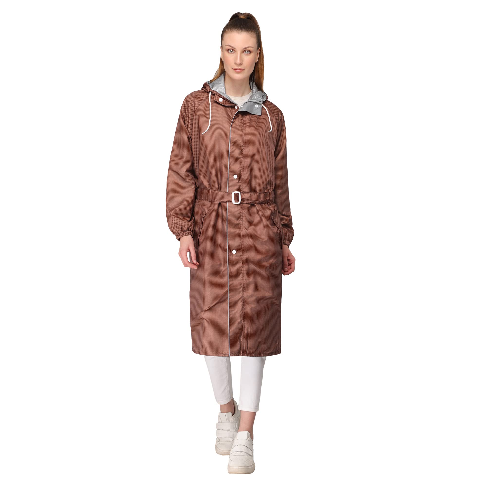 THE CLOWNFISHWomen Poly Silk Waterproof Self Design Knee Length Longcoat/Raincoat With Adjustable Hood