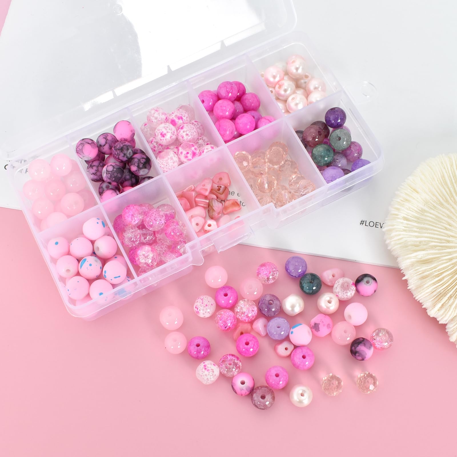 1150 Perline In Vetro Craquelé Rosa 6mm Per Gioielli Fai Da Te - Kit Con Perline Spaziali E Corda Elastica Per Bracciali E Collane - 4