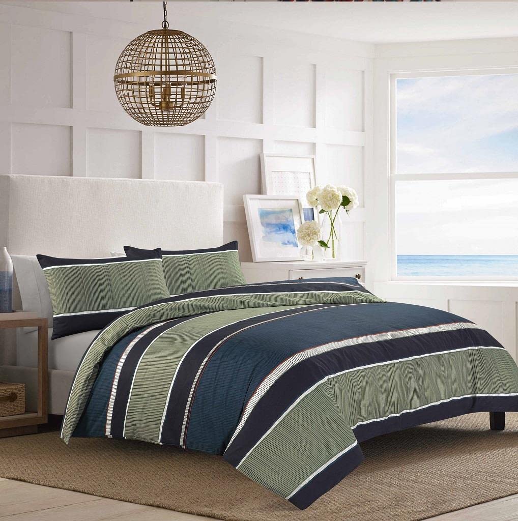 Homespace Direct Nate Block Stripe Duvet Cover Set Bedding Olive Green/Navy Blue Super King
