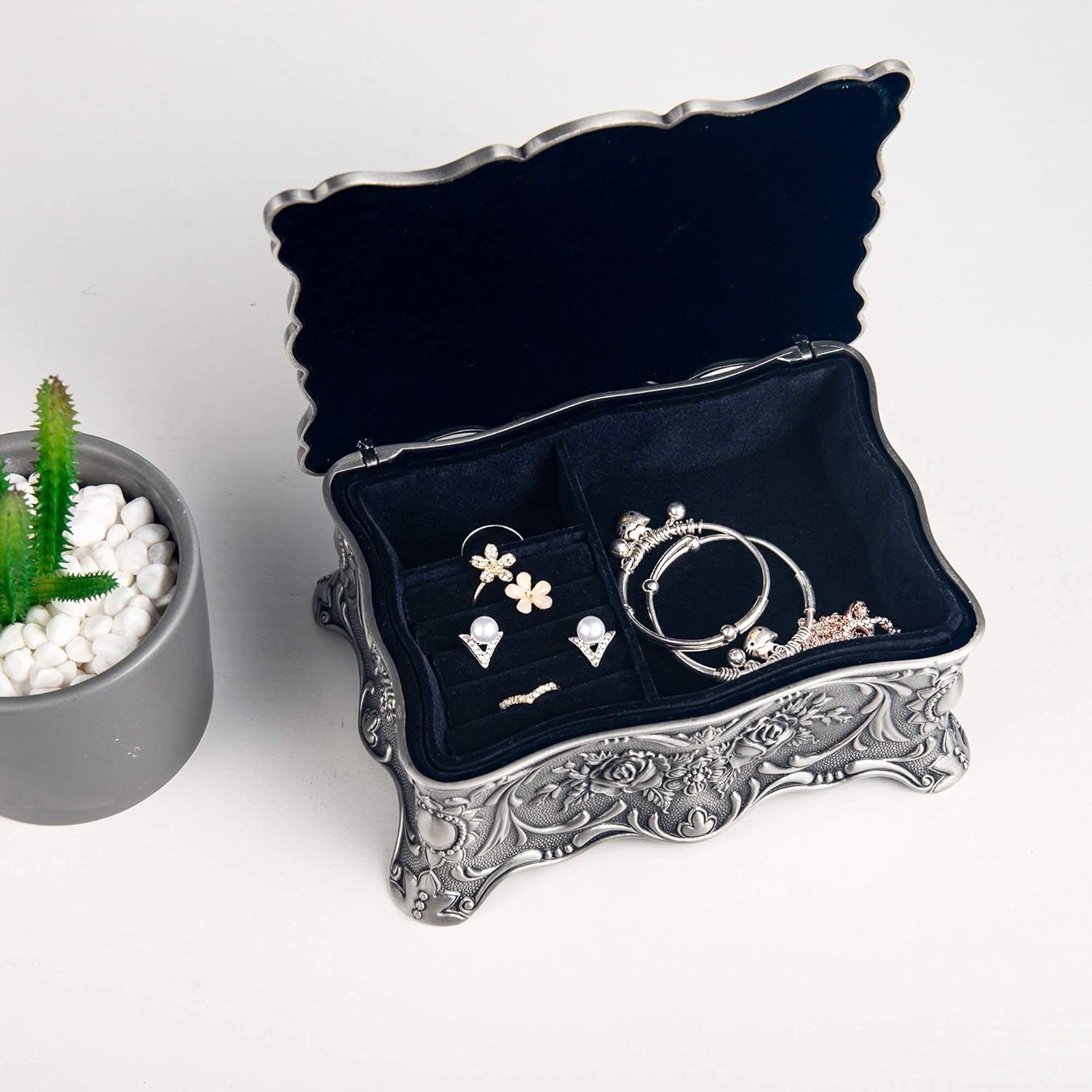 Flash Deals - 40% OFF Feyarl Vintage Trinket Jewelry Box Treasure Organizer Keepsake Box Ornate Antique Finish Engraved with 2 Layers Dividers Inside (Pewter) Black Friday Sale 2022 Feyarl Vintage Trinket Jewelry Box Treasure Organizer Keepsake Box Ornate Antique Finish Engraved with 2 Layers Dividers Inside (Pewter)