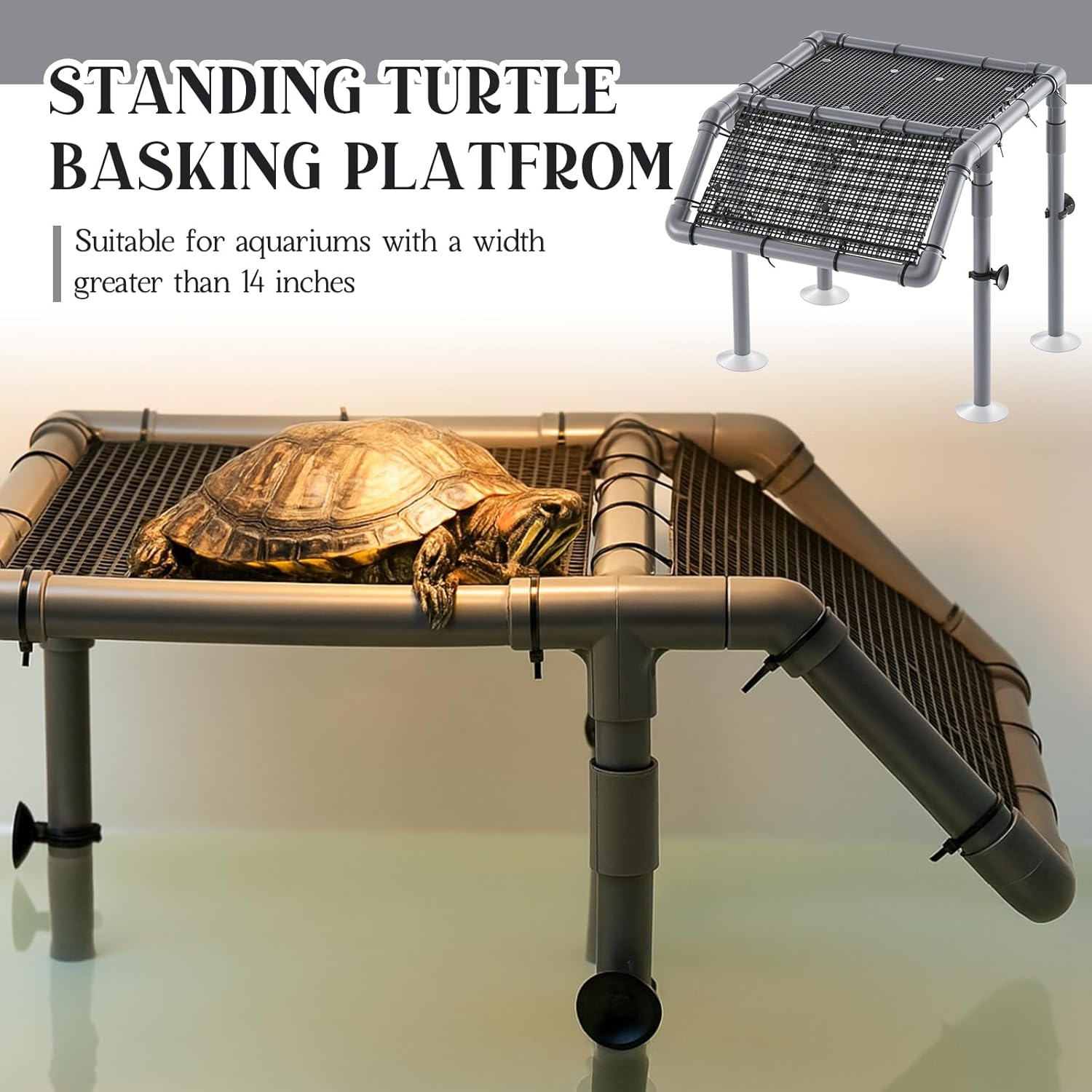 Geelin 13" Wider Turtle Basking Platform, Extra Large Standing Turtle Basking Platform, DIY Resting Area for Aquarium Tank, PVC Pipes and Eggcrate Suction Cups