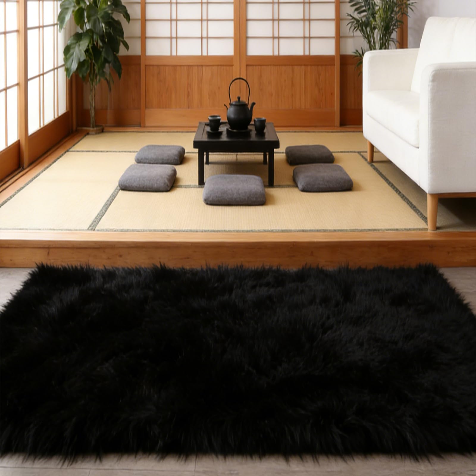 Tapis de salon 60 x 380 cm noir à poils longs intérieur moderne