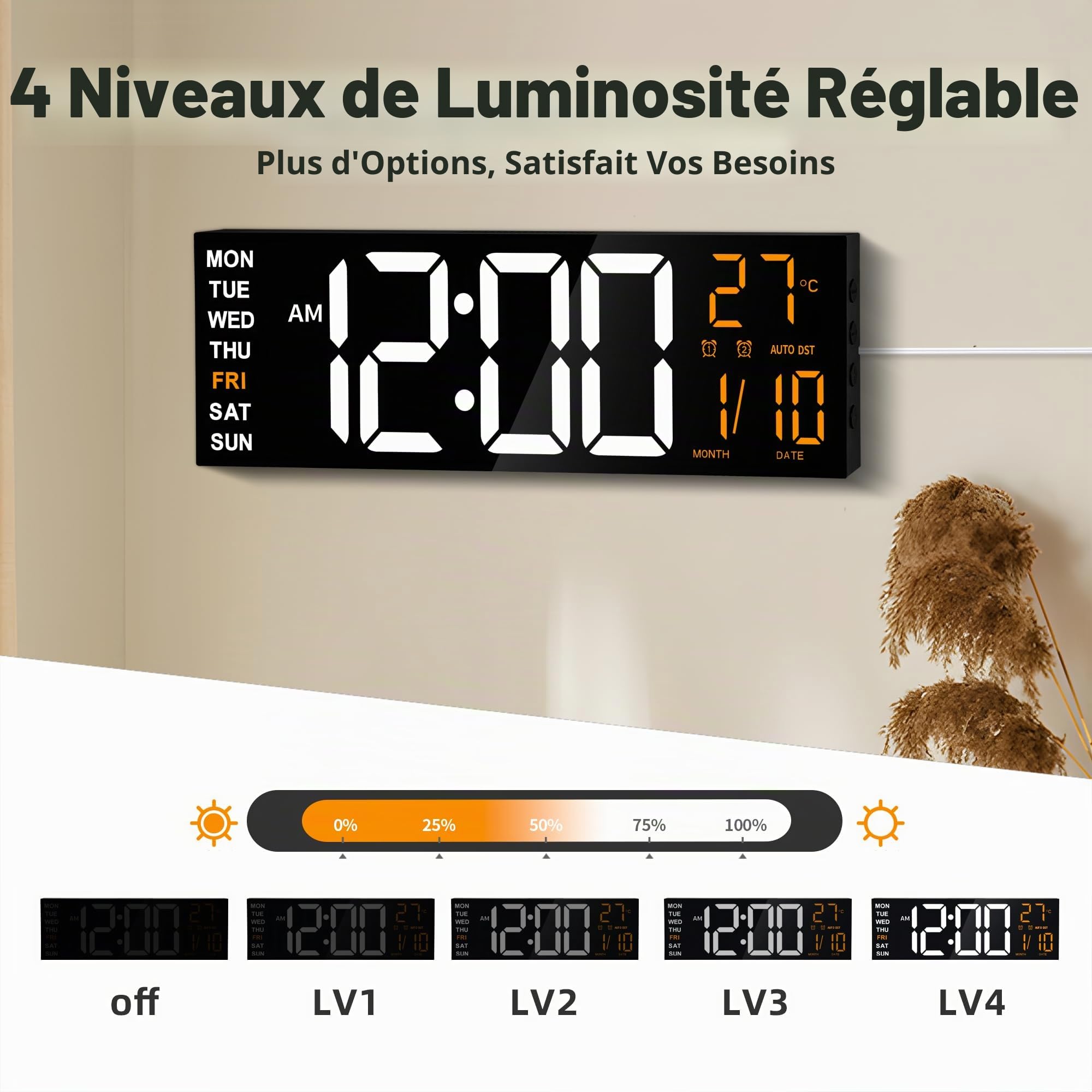 Horloge Numérique Murale 16,5" avec Minuteur, Lumière Nocturne, 2 Réveils, 8 Couleurs RGB, Réglage Auto de la Luminosité, Température, Date, 24/12 Heure pour le Salon, Chambre, Bureau, Seniors