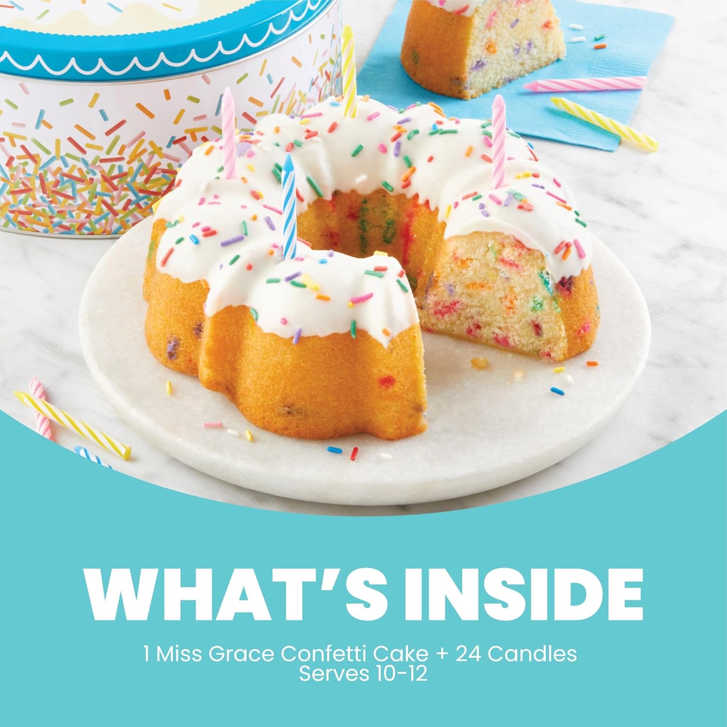 Cheryl's Cookies® 7" Confetti Birthday Cake in Gift Tin, Vanilla Cake with Glaze & Sprinkles Includes 24 Candles, Kosher, For Birthdays, Friends, Family, Loved Ones, 12 Servings