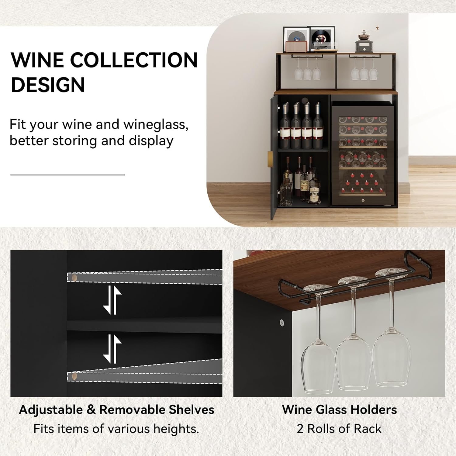 YOURLITE Coffee Bar Cabinet with Mini Fridge Space, Mini Fridge Cabinet with Charging Station and Glass Holder, Fluted Wine Sideboard Buffet with Power Outlet for Living Room, Kitchen, Home Bar, Black