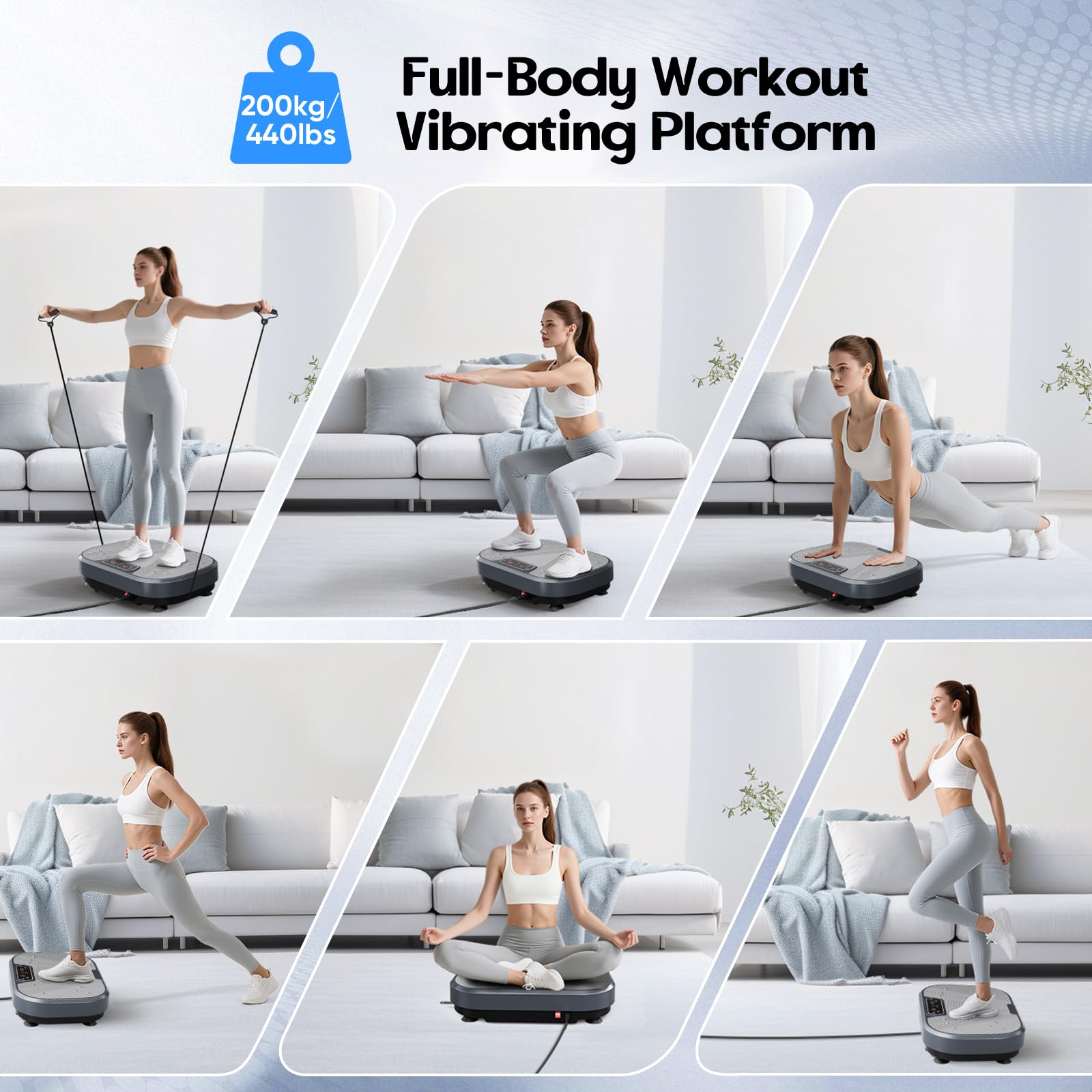 Plataforma Vibratoria, 120 Velocidades Plataforma Vibración Muscular para Musculación y Moldeado,Altavoz Bluetooth y Bandas Elásticas Fitness en Casa para Quemar Grasa y Adelgazar