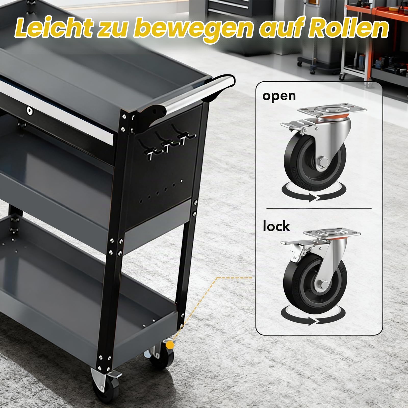 AIRAJ Werkstatt-Rollwagen mit 3 Etagen, Rollwagen Werkstatt mit Verriegelbaren Schubladen und Feststellrollen | Bis 300 kg Belastbar, für Garage, Lager & Werkstatt.