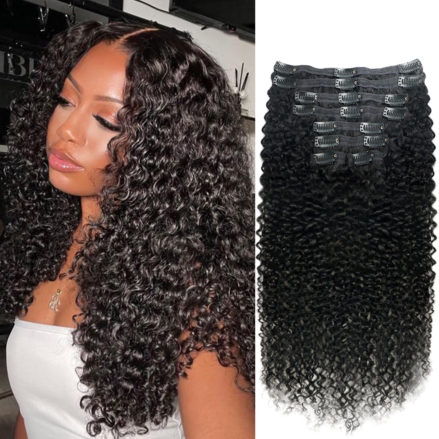 Pobokix Curly Clip in Hair Extensions for Black Women Brazilian Virgin Human Hair Clip in Extensions Kinky Curly Clip ins Human Hair 8Pcs 120g 12inch