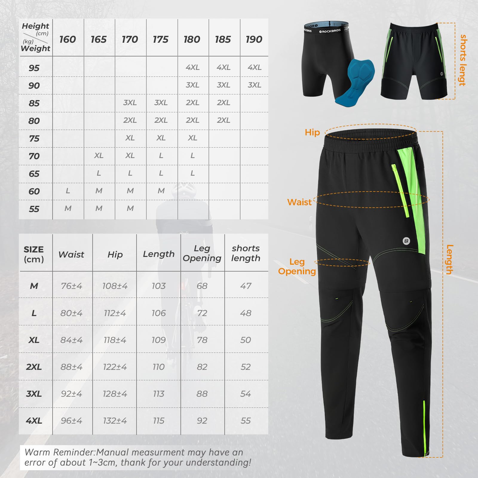 ROCKBROS Fahrradhose Doppellagig Abnehmbar Sporthose Lang Radhose mit Sitzpolster Gepolsterte Fahrrad Hosen Herren Atmungsaktive MTB Rennrad