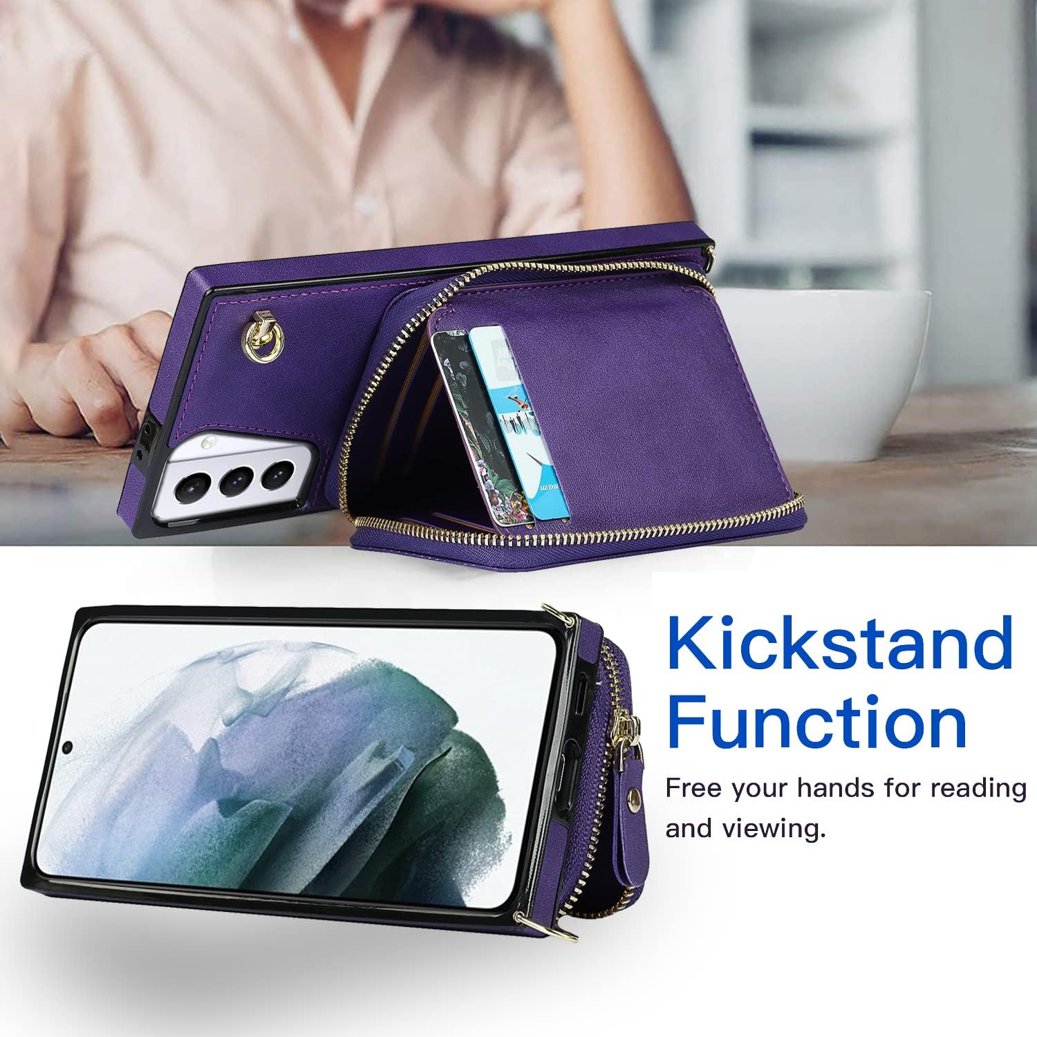 Asuwish Phone Case for Samsung Galaxy S21 Plus S21+ 5G Wallet Cover with Tempered Glass Screen Protector and Zipper Card Holder Slot Stand Leather S21+5G S21plus 21S + S 21 21+ G5 Women Men Purple