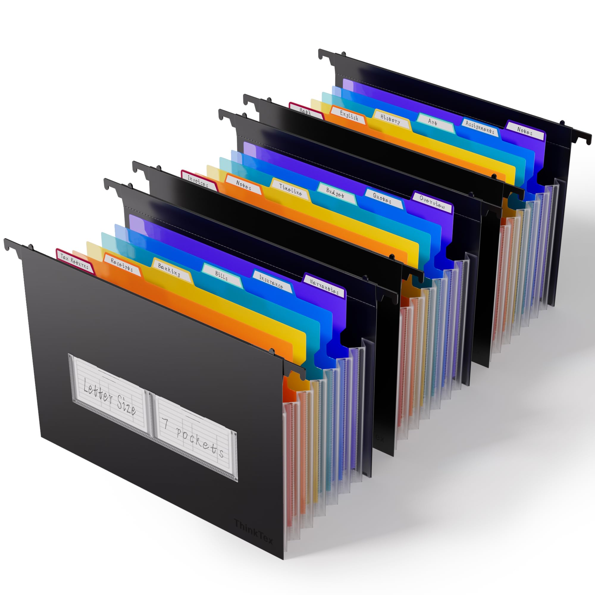 ThinkTex Plastic Expanding Hanging File Folders, 7 Accordion Pockets 1.2'' Expandable, Large Capacity, Multi-Color Tabs, for File Cabinet, Black - 3 Pack