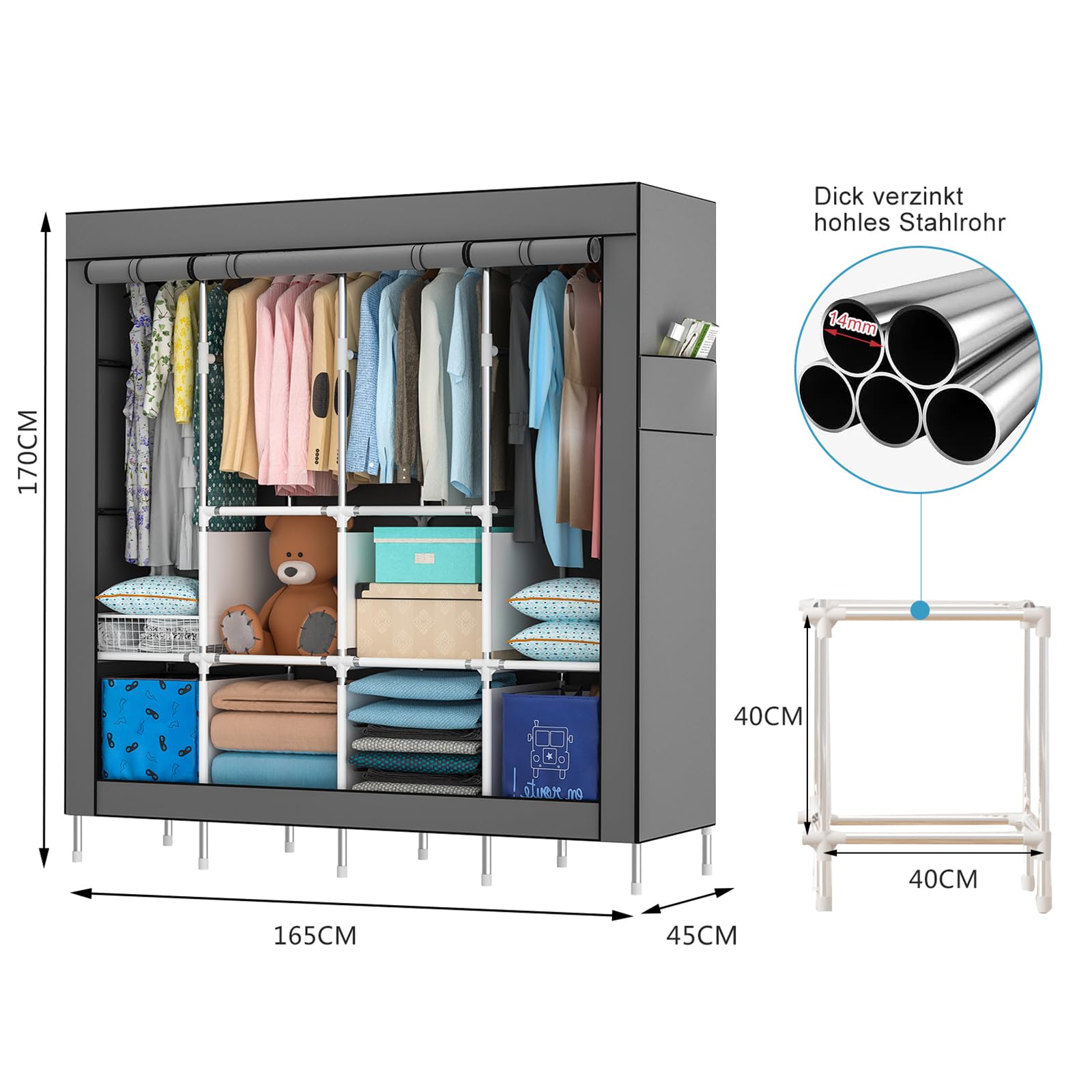 Mihoho Tragbarer Kleiderschrank, 170 cm Schrank zum Aufhängen von Kleidung, Kleiderständer aus Metall, freistehender Kleiderschrank mit Oxford-Stoffbezug,165 cm x 170 cm x 45 cm (grau S, Größe)