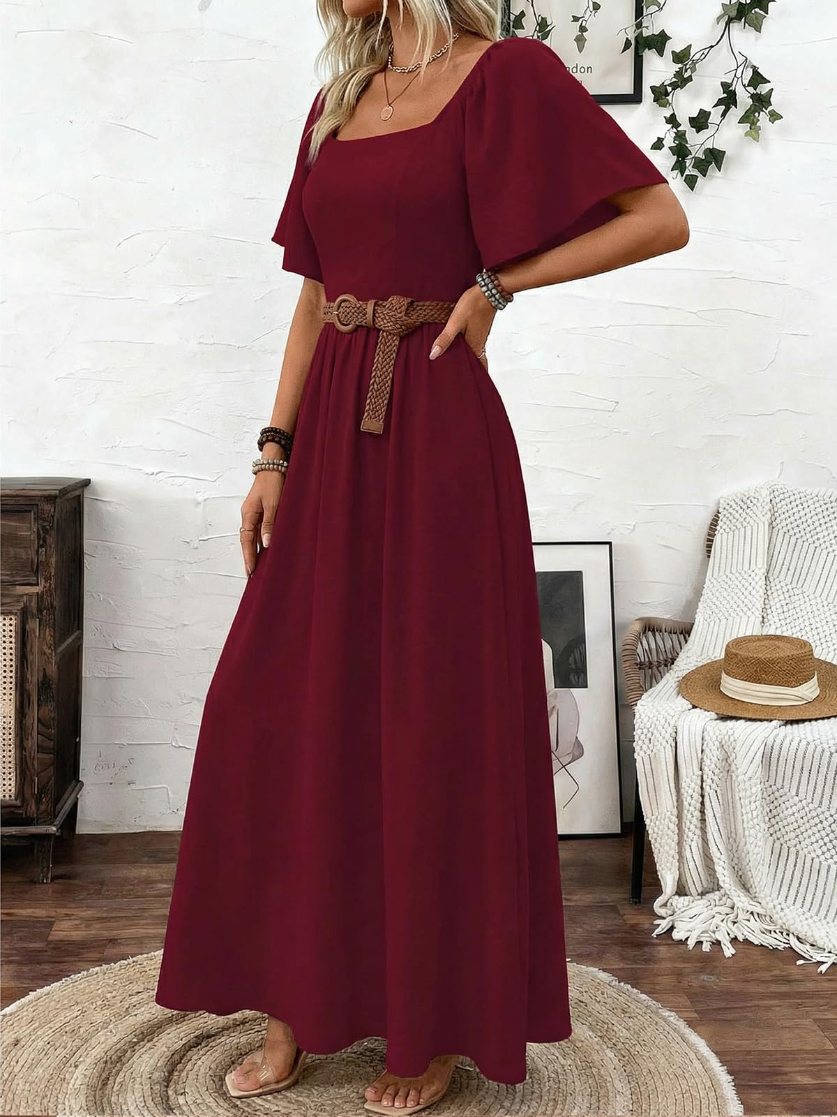 LIAMERHE Robe Longue Femme Été Élégante Col Carré Manches Volantes Chic Robes Maxi Ligne A Manches Courtes Taille Haute Fluide Style Bohème Robe de Plage Vintage Mariage Décontractée