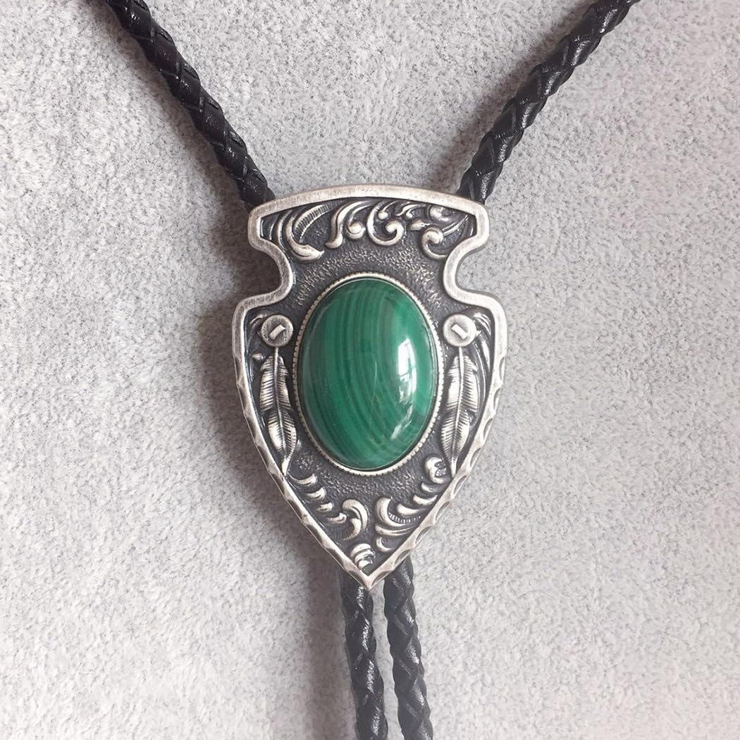 Vintage Silver Arrow Malachite Stone Bolo Tie Each Nature Stone is different, Large