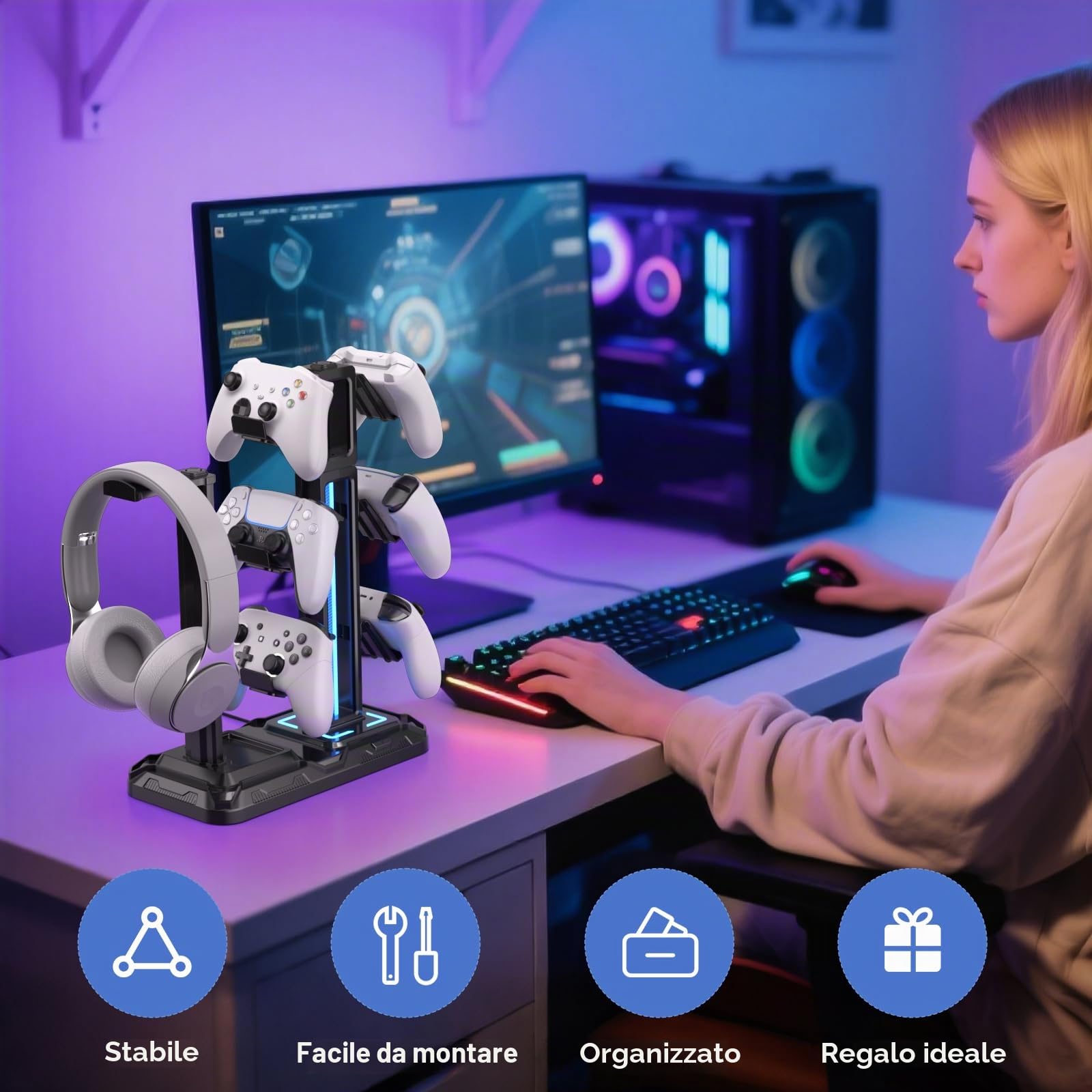 KDD Supporto Controller e Cuffie Gaming da Scrivania con 9 Modalità di Illuminazione e Gancio per Cuffie Ruotabile, Porta Controller con 6 Ganci Staccabili per PC Desktop Accessori Gaming Nero