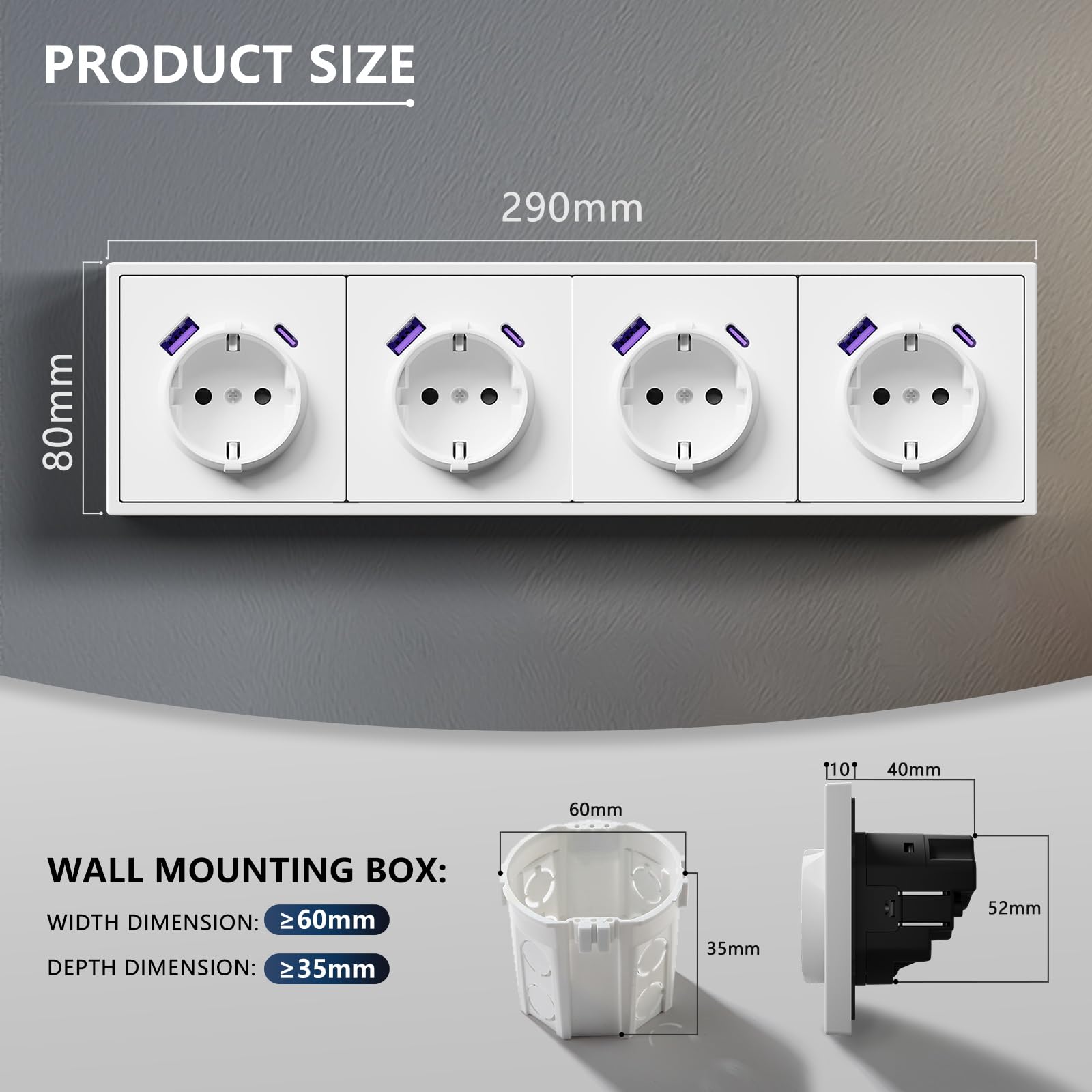 BSEED Presa multipla Schuko da incasso con USB C 20W, presa da parete 16Amp con telaio PC, presa quadrupla con artigli, 4 prese bianco